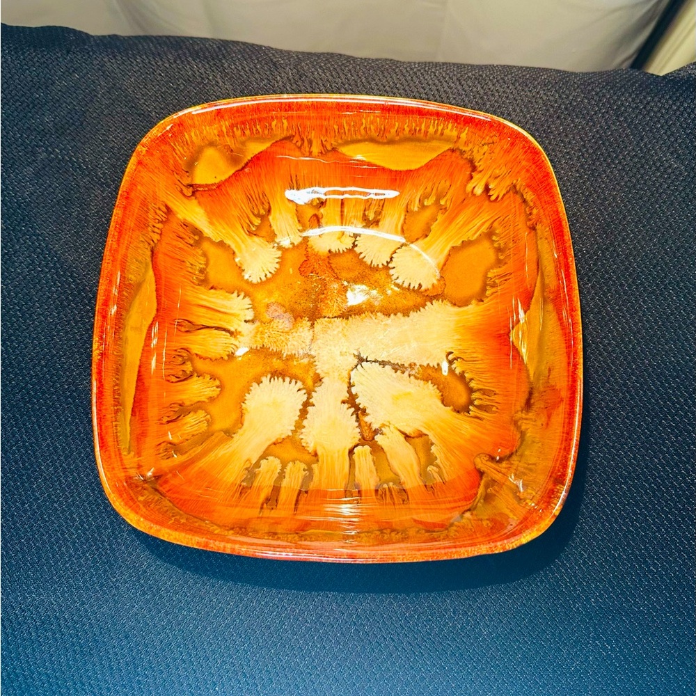 DRYDEN OZARK FRONTIER POTTERY, BROWN DRIP GLAZE, SERVING SQUARE BOWL